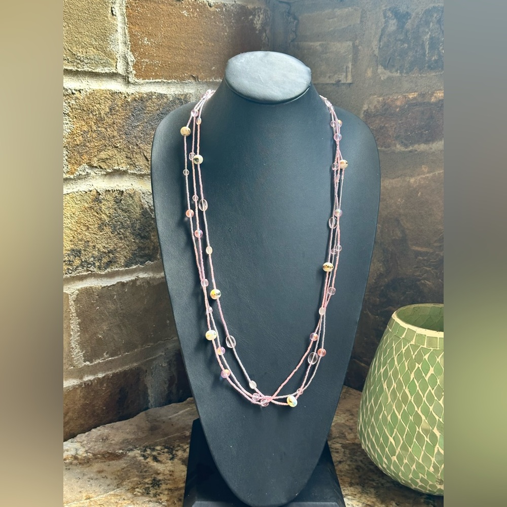 Gold Pink Seed Bead Long Triple Strand Necklace